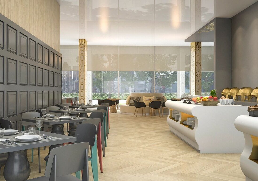 Modern café interior with minimalist design and natural lighting.